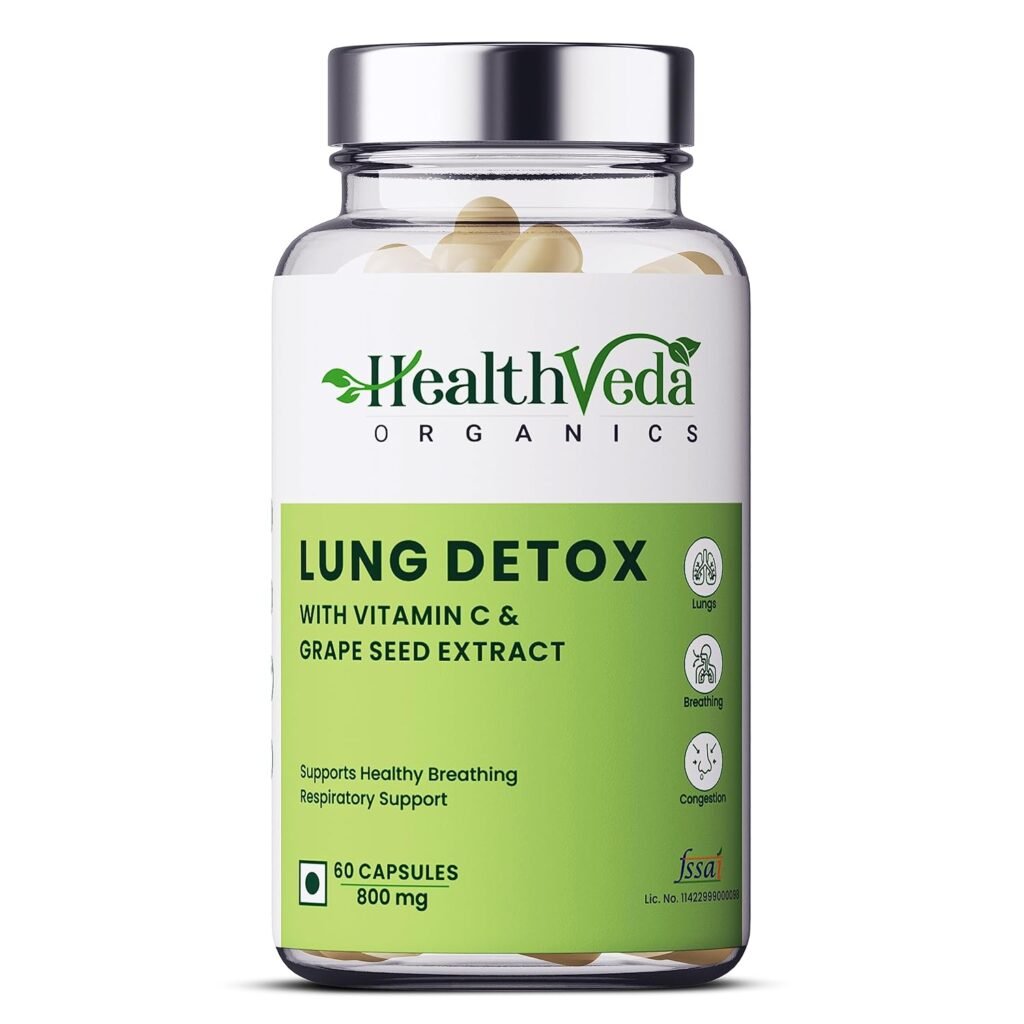 Health Veda Organics Lung Detox with Vitamin C & Grape Seed Extract | 60 Veg Capsules | Supports Healthy Breathing | For Detoxification of Lungs & Immunity | For Both Men & Women