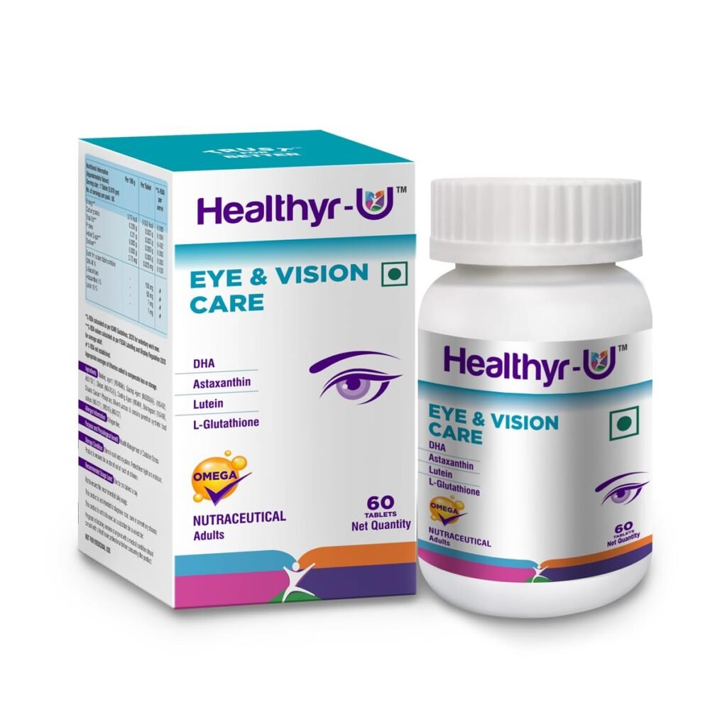 Healthyr-U Eye & Vision Care | Astaxanthin, Lutein, Glutathione and DHA | Eye Health Supplement for Men & Women | Protects from Blue light & Dryness | 60 Tablets