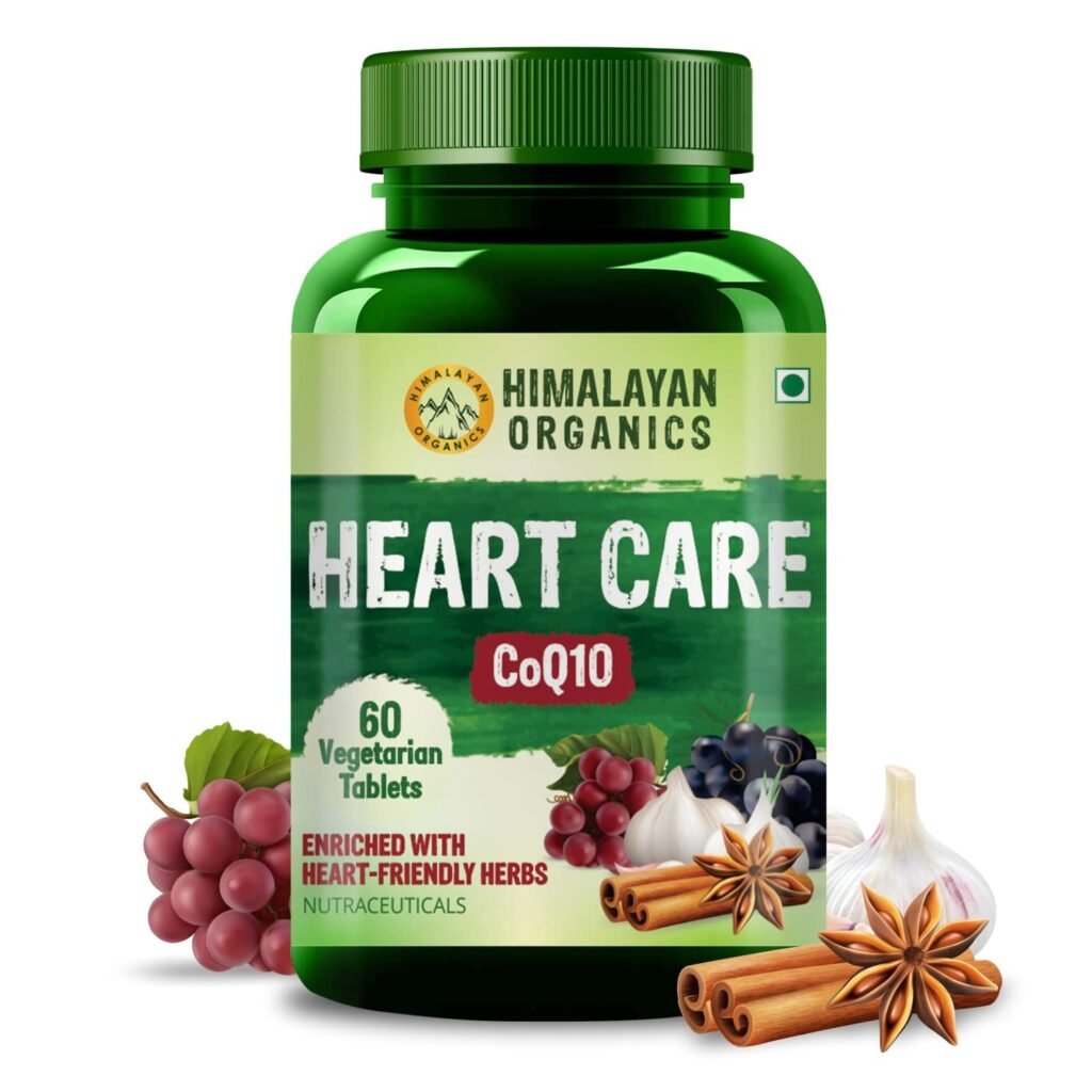 Himalayan Organics Heart Care Supplement With CoQ10,Arjuna Bark ,Grape Seed,Resveratrol | Balance Cholesterol Level | Good For Healthy Heart And Blood Circulation - 60 Veg Tablets